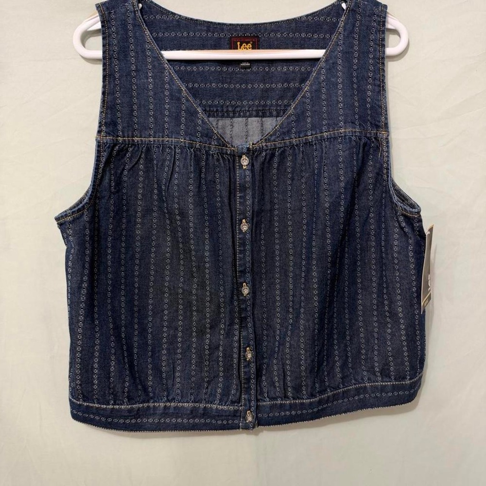 Lee Heritage Womens XL Indigo Rush Denim Sleeveless Button Front Top V-Neck NEW
